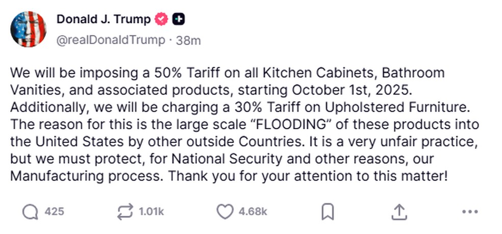 Trump anuncia tarifas sobre móveis — Foto: Reprodução/Truth Social