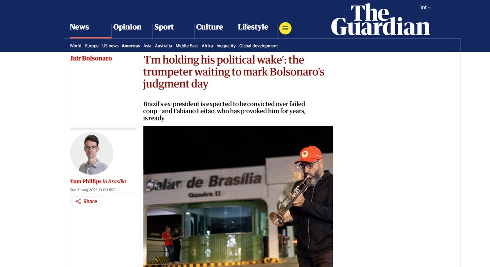 Reportagem do jornal 'The Guardian', do Reino Unido, sobre o início do julgamento de Bolsonaro. — Foto: Reprodução