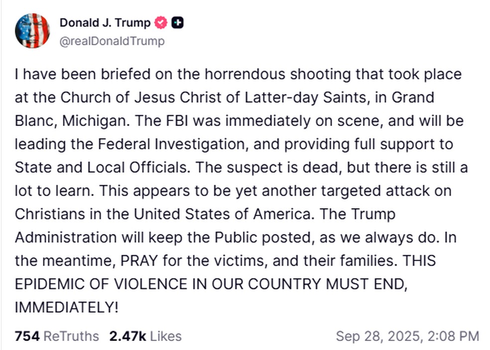 O presidente dos Estados Unidos, Donald Trump, em uma publicação no Truth Social. — Foto: Reprodução/Truth Social