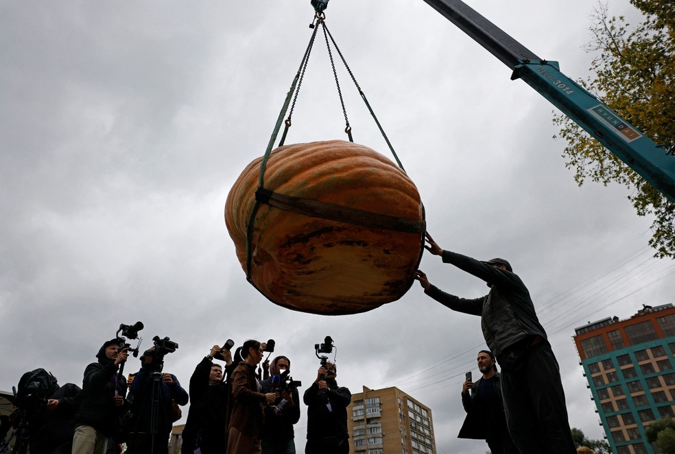 Guindaste levanta abóbora durante a competição russa de vegetais gigantes na Rússia — Foto: REUTERS/Yulia Morozova