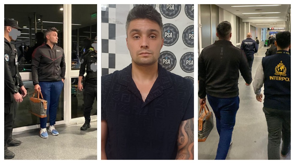Fotos mostram a prisão de Gabriel Spalone Alves no aeroporto da cidade de Ezeiza, na Grande Buenos Aires. — Foto: Montagem/g1/Reprodução/TV Globo