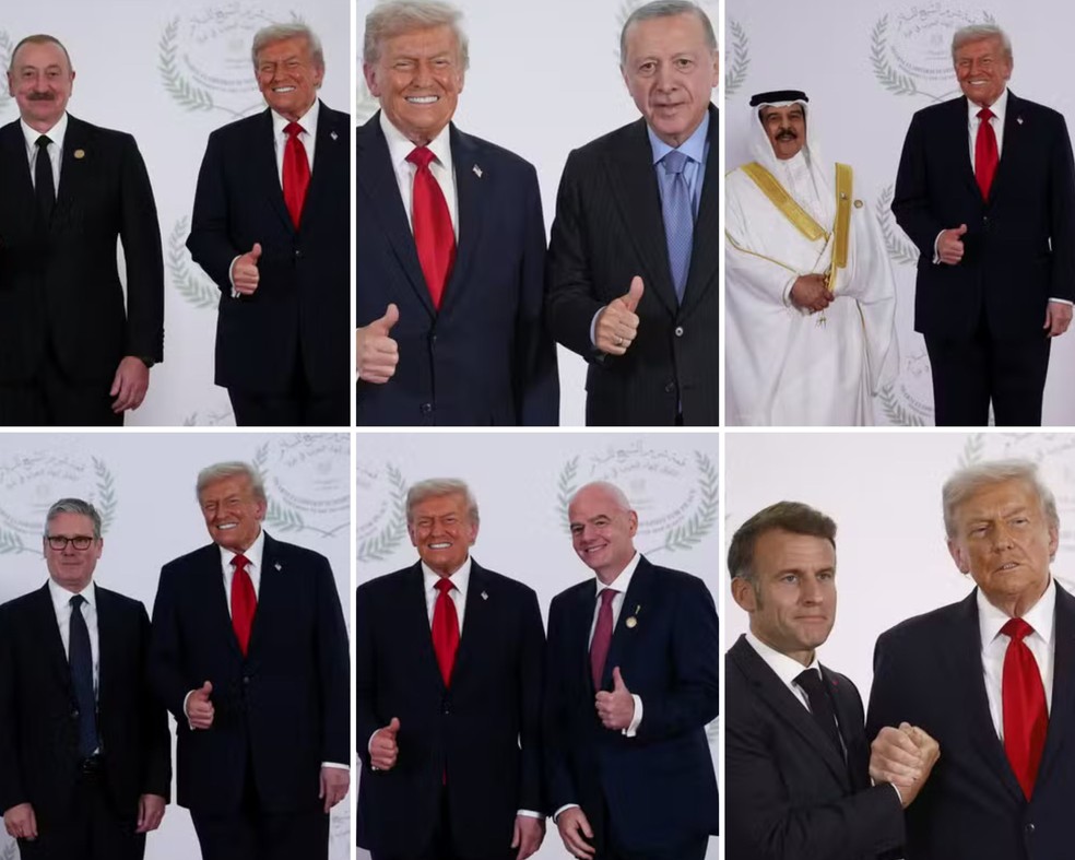 Trump não sorri em foto com Macron — Foto: Reprodução/Agências