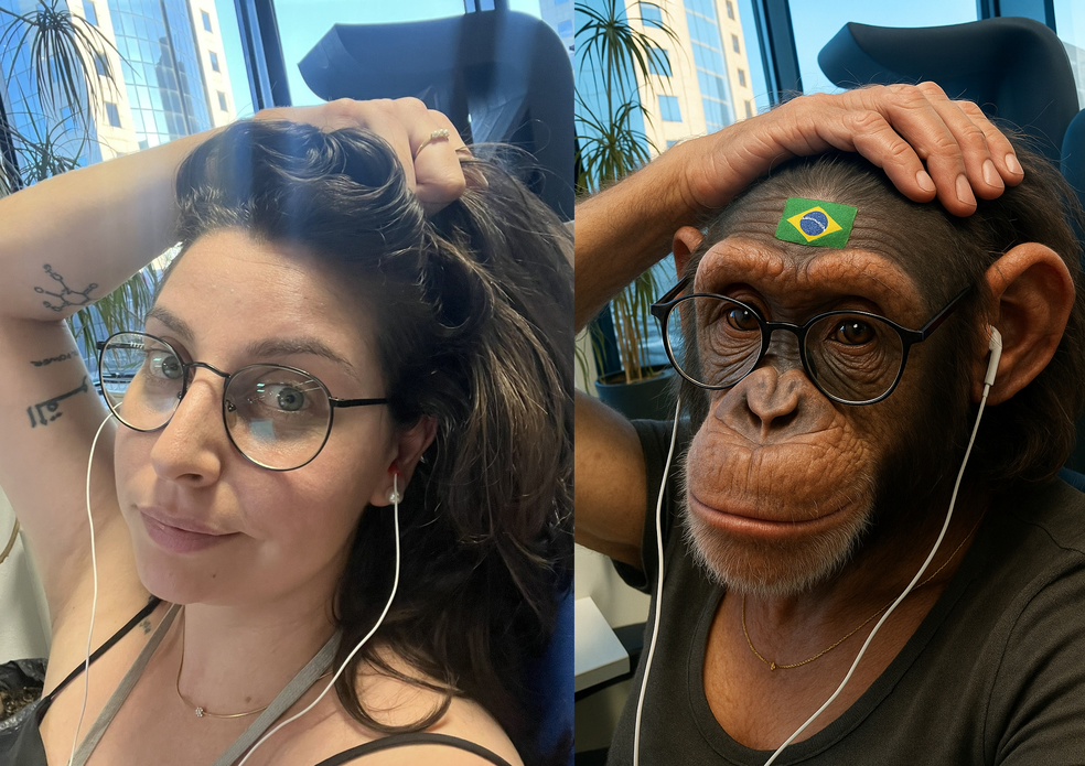 Jornalista brasileira Amanda Lima, retratada como macaca, em montagem feita por ativista de extrema direita de Portugal — Foto: X / Reprodução
