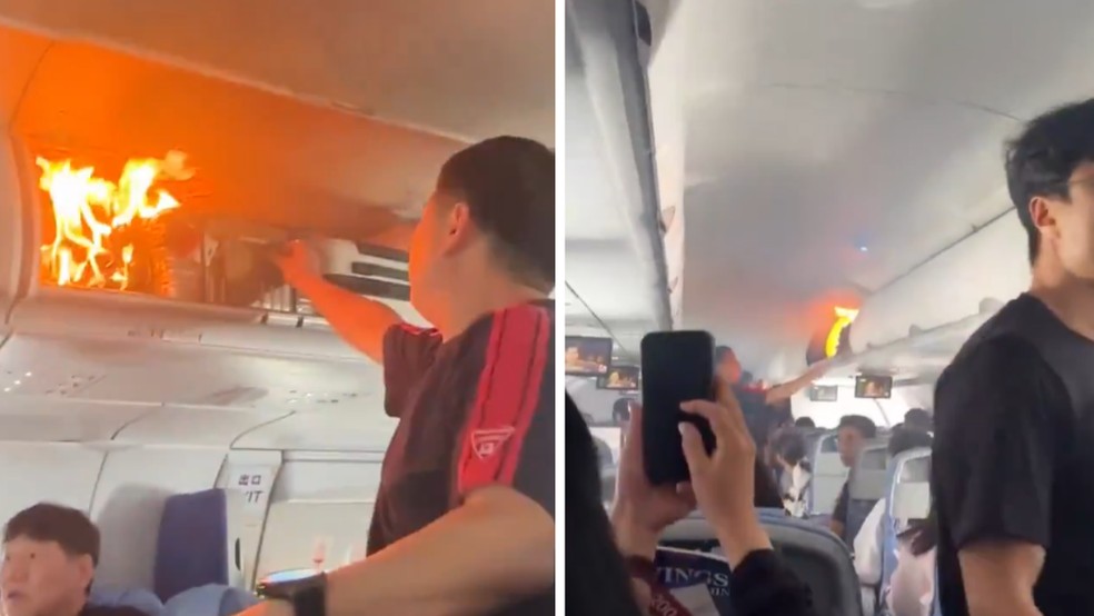 Vídeos publicados nas redes sociais mostram fumaça saindo do compartimento de bagagem de mão e passageiros assustados. — Foto: Reprodução/Redes Sociais