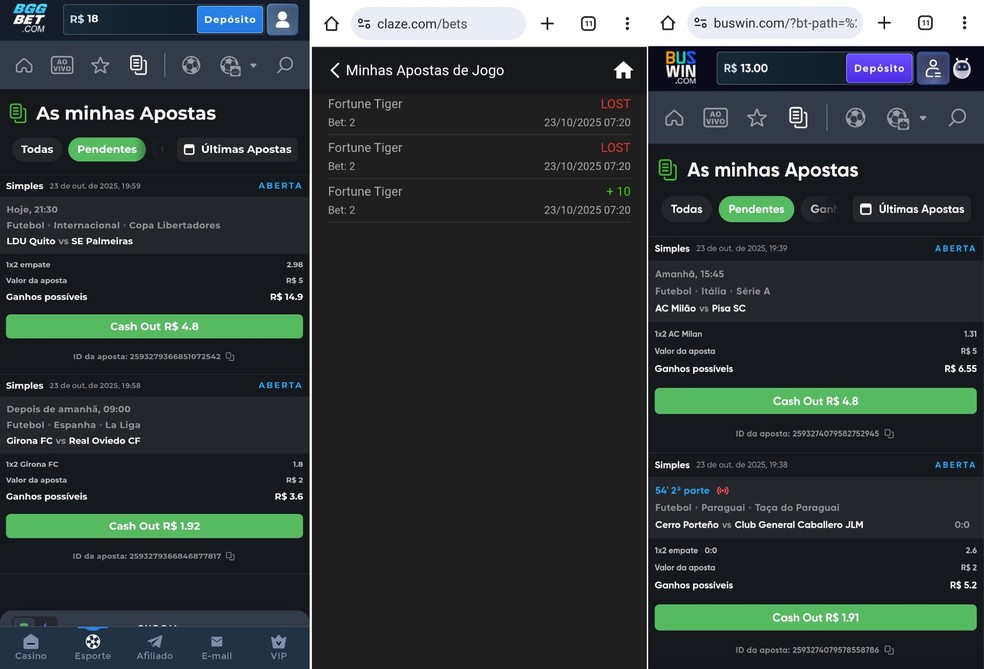 Apostas realizadas em sites do RJ e da PB — Foto: Reprodução