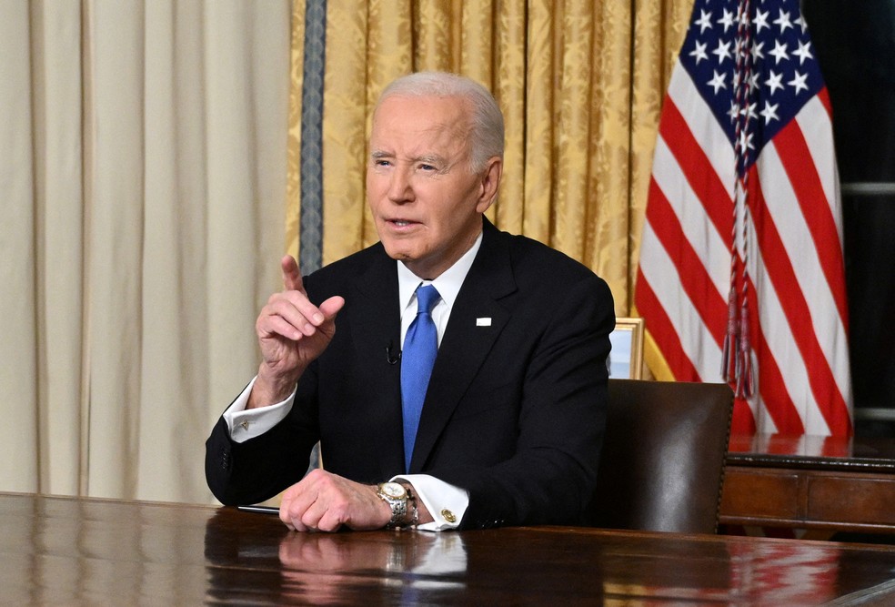 Presidente Joe Biden faz discurso de despedida na Casa Branca, em 15 de janeiro de 2025 — Foto: Mandel Ngan/Pool via Reuters