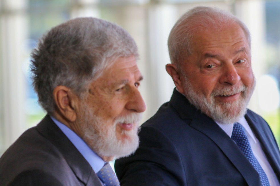 Lula e Celso Amorim durante visita do então presidente da Argentina, Alberto Fernández. — Foto: Fabio Rodrigues-Pozzebom/Agência Brasil