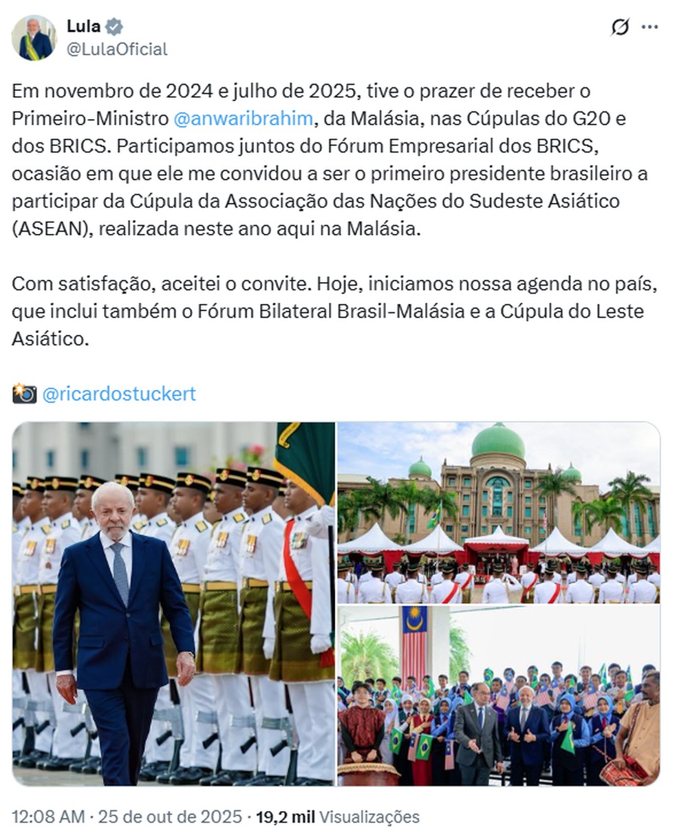 O presidente Luiz Inácio Lula da Silva em evento com o primeiro-ministro da Malásia, Anwar Ibrahim. — Foto: Reprodução/X