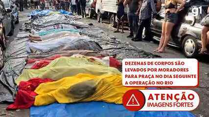 Dezenas de corpos são levados por moradores para praça no dia seguinte a operação no Rio