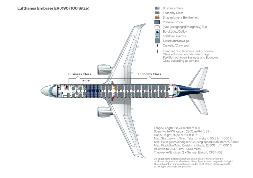 Mapa de lugares da Embraer 190. — Foto: Reprodução/Lufthansa
