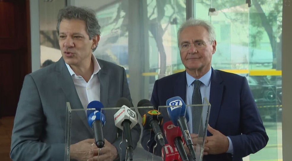 Ministro da Fazenda, Fernando Haddad, e senador Renan Calheiros. — Foto: Reprodução/ TV Globo