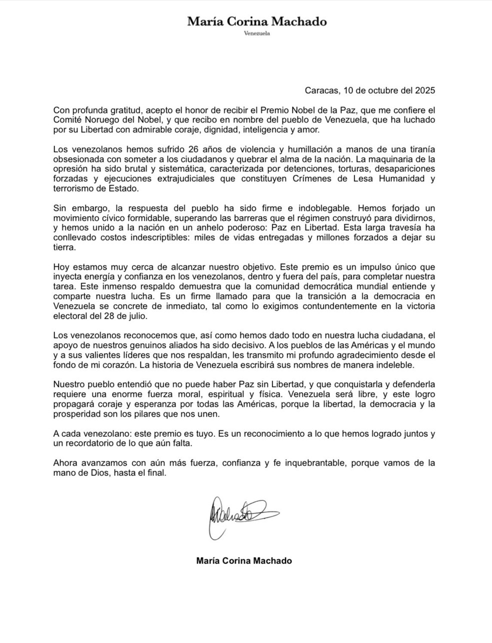 Carta da opositora venezuelana María Corina Machado após receber o Prêmio Nobel da Paz, em 10 de outubro de 2025. — Foto: Reprodução/ Redes sociais