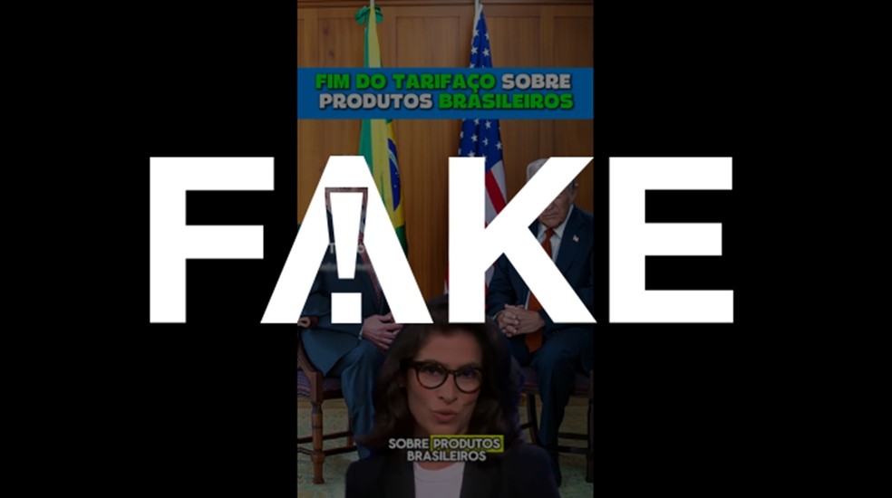 É #FAKE vídeo de Renata Vasconcellos anunciando suposto acordo entre Trump e Lula para isenção de tarifas; conteúdo foi criado com IA — Foto: Reprodução