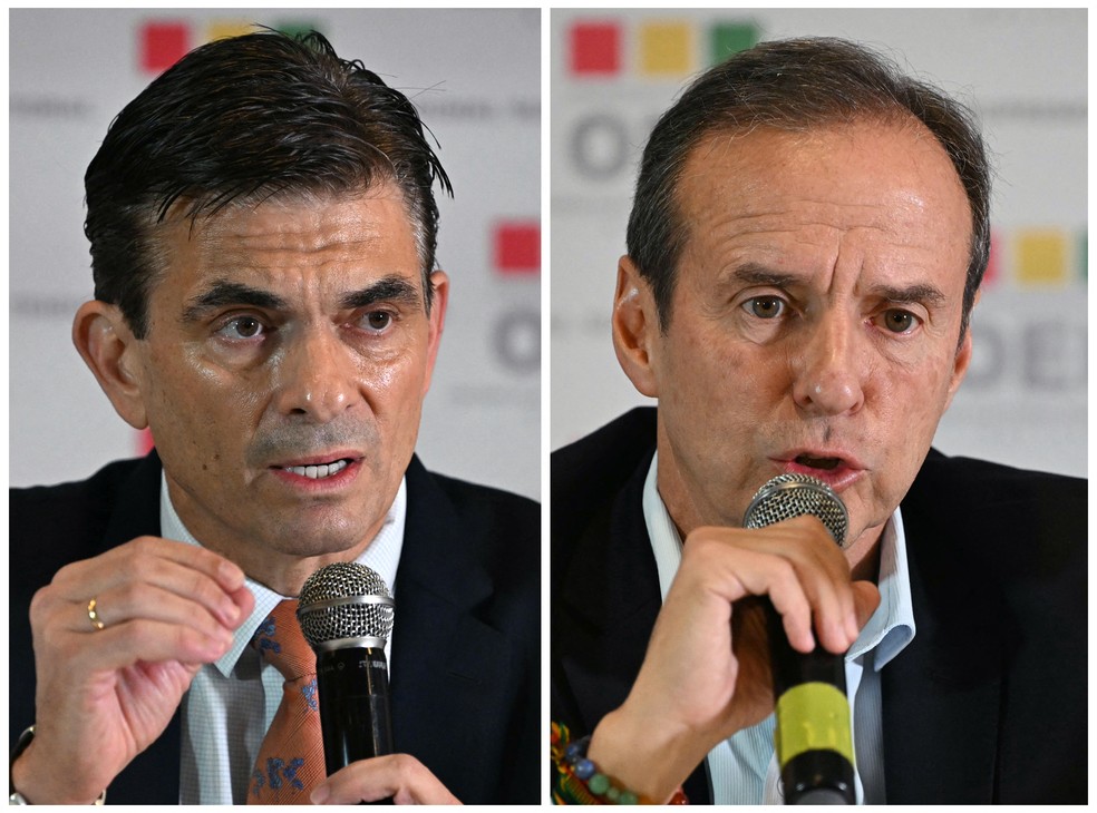 Montagem mostra os candidatos à Presidência da Bolívia Rodrigo Paz (à esquerda) e Jorge Quiroga, à direita — Foto: Aizar Raldes/AFP
