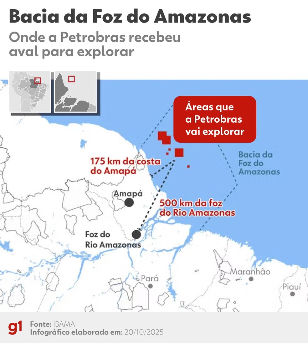 Infográfico mostra o local em que a Petrobras vai explorar petróleo na bacia da Foz do Amazonas. — Foto: Arte/g1
