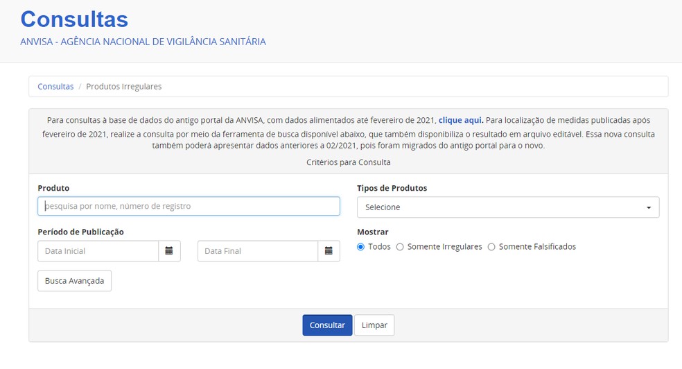Ferramenta de pesquisa da Agência Nacional de Vigilância Sanitária (Anvisa) para saber se um produto é falsificado. — Foto: Reprodução