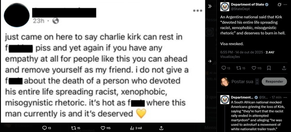 Departamento de Estado dos EUA mostra post de argentino celebrando a morte de Charlie Kirk e diz que ele teve seu visto revogado — Foto: X / Reprodução