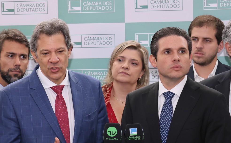 Haddad e Hugo Motta dão entrevista coletiva à imprensa — Foto: Marina Ramos/Câmara dos Deputados