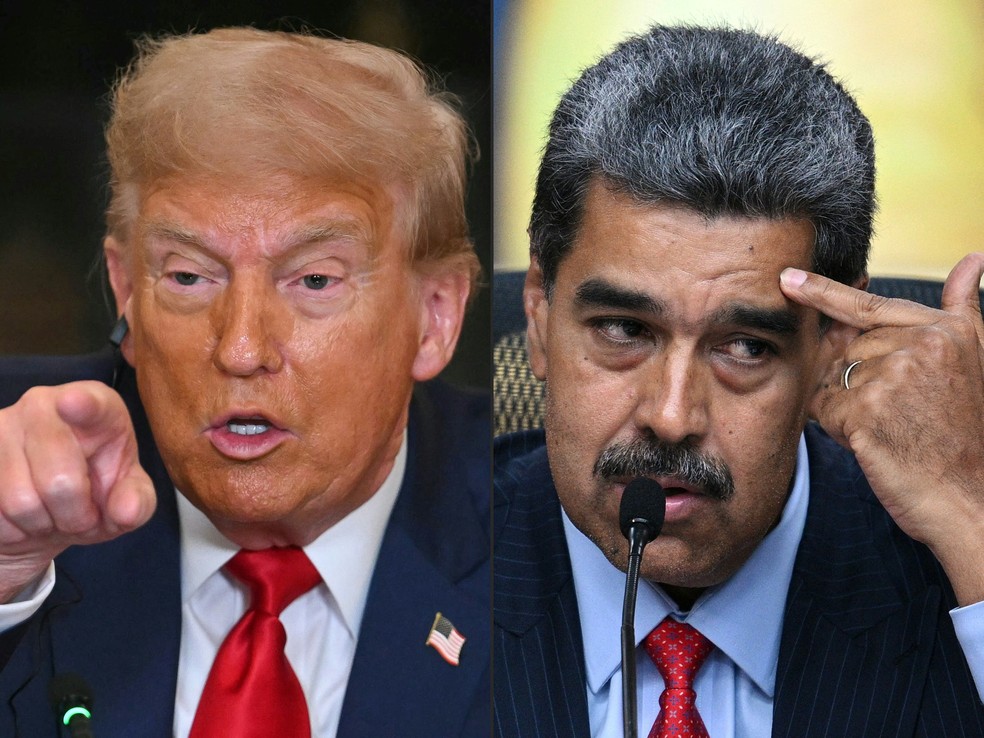 Imagem mostra o presidente dos EUA, Donald Trump (E), em Washington, DC, em 9 de julho de 2025, e o presidente venezuelano, Nicolás Maduro (D), em Caracas, em 31 de julho de 2024. — Foto: AFP/Jim Watson