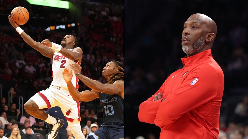 Armador Terry Rozier, do Miami Heat, e técnico Chauncey Billups, do Portland Trail Blazers. — Foto: Marta Lavandier/Rob Gray/AP Photo