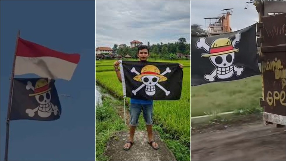 Bandeiras do anime e mangá 'One Piece' são usadas para protestos na Indonésia — Foto: Reprodução/TikTok/Khoirudin