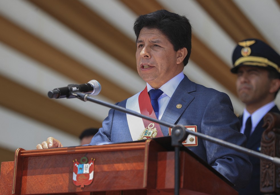 Presidente peruano, Pedro Castillo, durante pronunciamento à população em 6 de dezembro de 2022 — Foto: Jhonel RODRIGUEZ / Peruvian Presidency / AFP