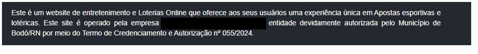 Informação que aparece no pé do site de uma empresa autorizada a oferecer serviço de loteria municipal em Bodó (RN) — Foto: Print da tela do computador