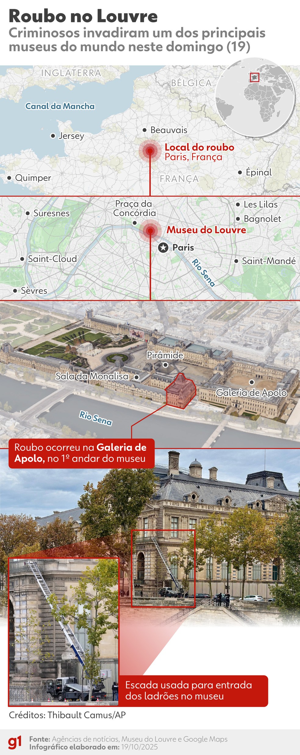 Infográfico: onde foi o roubo de joias no Museu do Louvre, em Paris — Foto: Arte/g1
