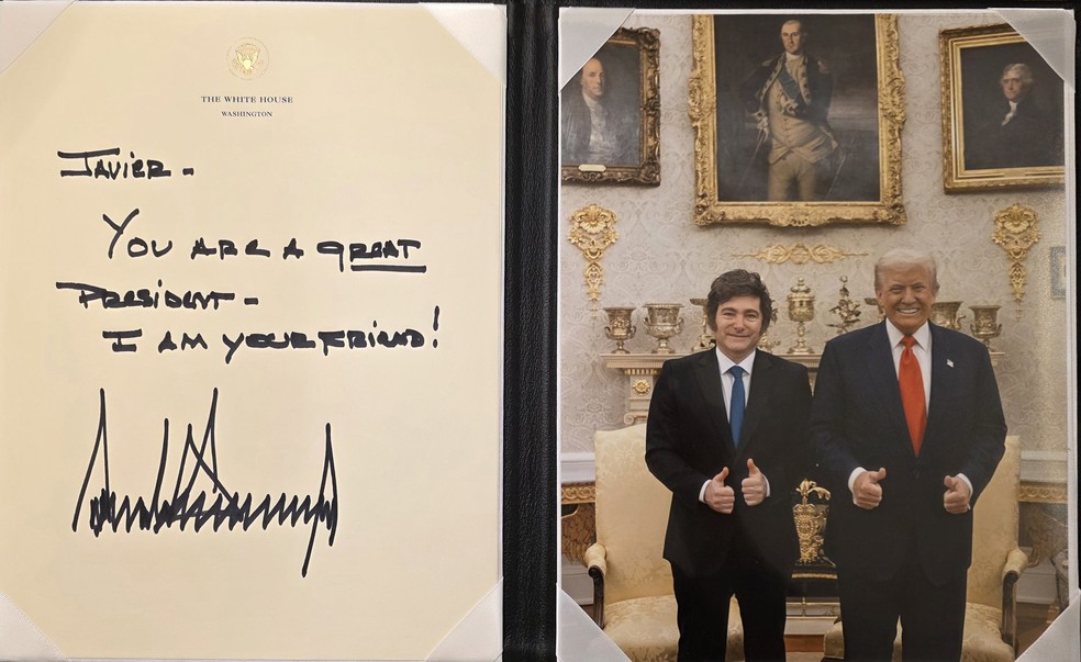 Milei posta foto de seu encontro com Trump e o bilhete que recebeu dele — Foto: X / Reprodução