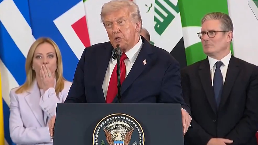 Trump discursa em frente a Giorgia Meloni (Itália) e Keir Starmer (Reino Unido), no Egito — Foto: Reprodução/Redes Sociais