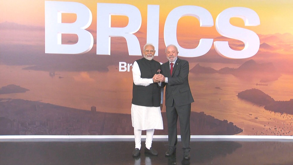 Narendra Modi e Lula se encontraram em julho, em Brasília, durante visita do primeiro-ministro após participação na cúpula dos Brics. — Foto: Reprodução/gov.br