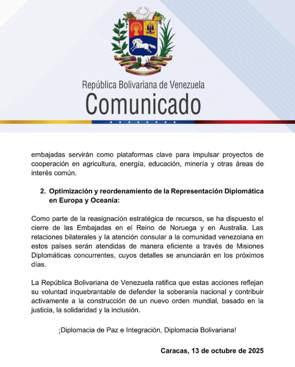 Em comunicado oficial, governo de Maduro anuncia o fechamento das embaixadas venezuelanas na Noruega e na Austrália — Foto: Reprodução/X