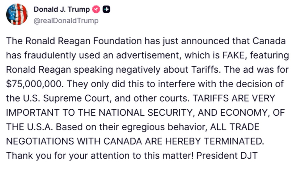 Publicação do presidente dos EUA Donald Trump na rede social Truth Social — Foto: Reprodução/Redes Sociais