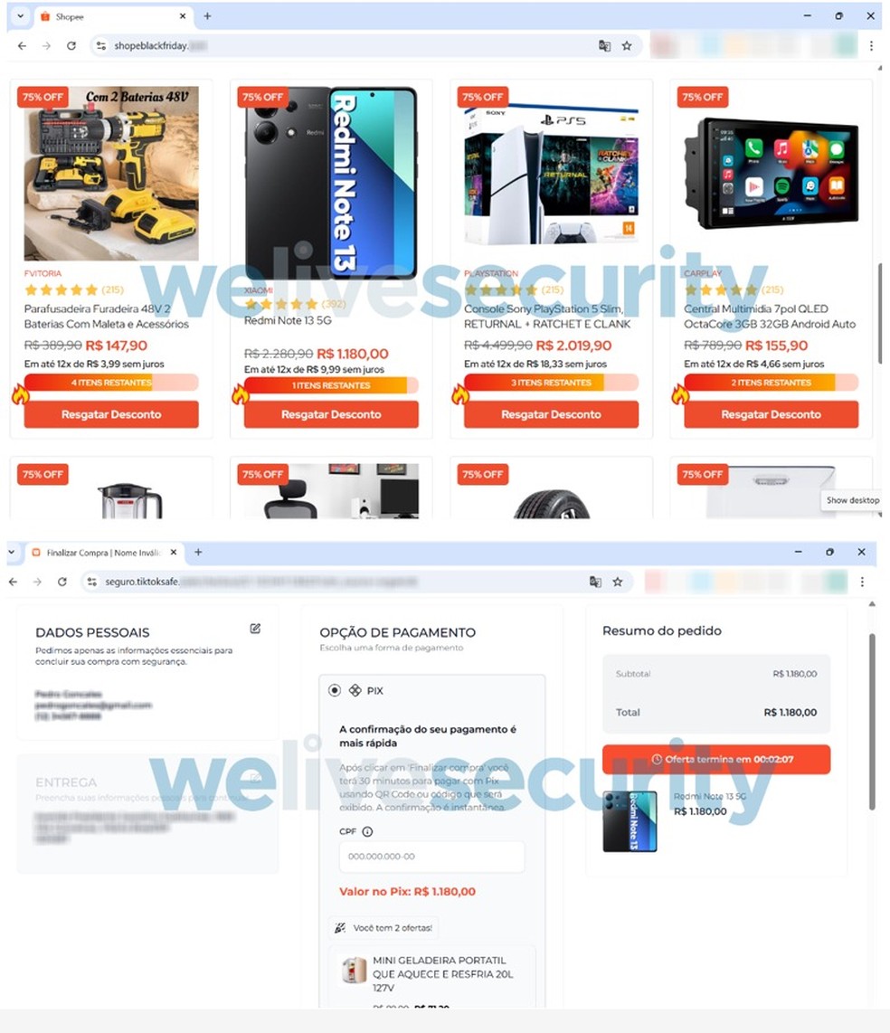 Páginas falsas de loja que imita a Shopee. — Foto: Divulgação/ESET