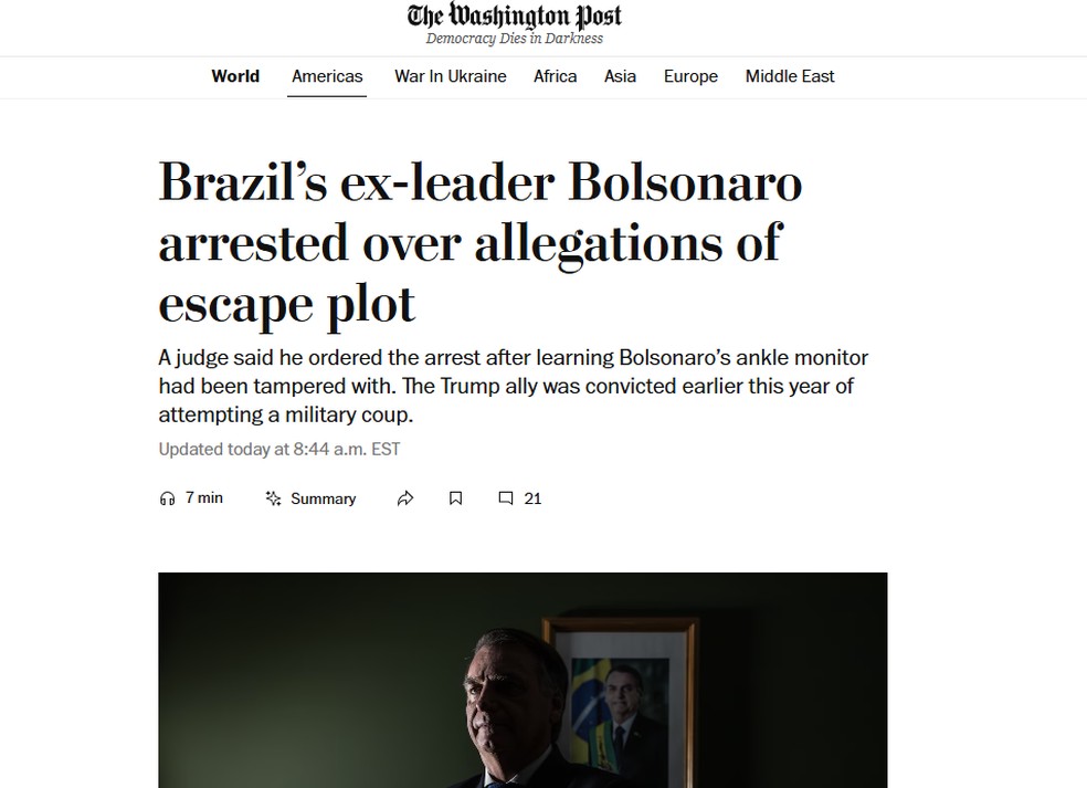 Jornal norte-americano 'The Washington Post' escreve sobre a prisão preventiva do ex-presidente Jair Bolsonaro, em 22 de novembro de 2025. — Foto: Reprodução/ The Washington Post