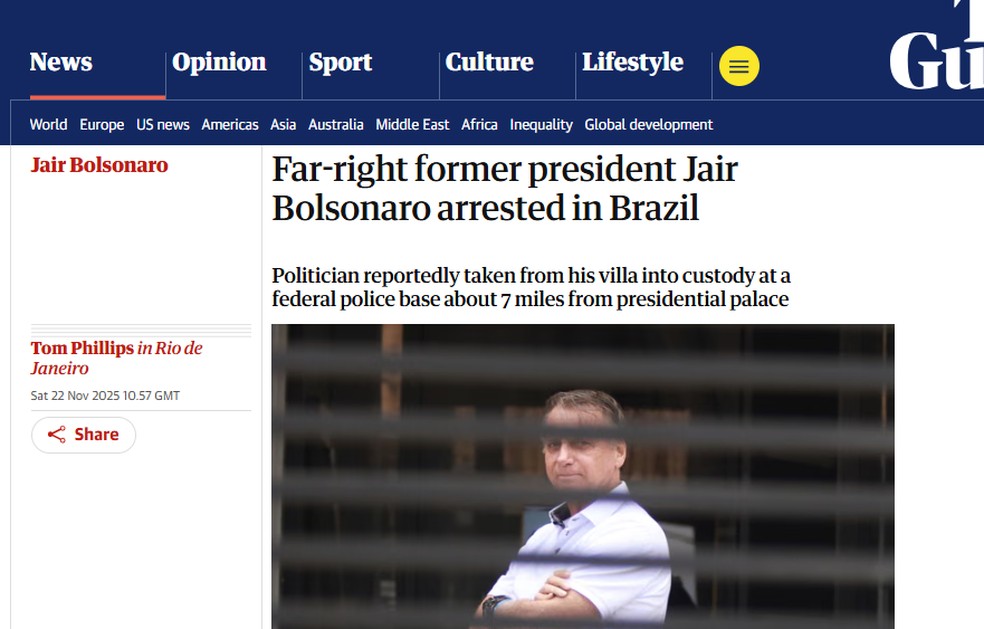 O jornal britânico 'The Guardian' repercute prisão preventiva de Jair Bolsonaro, em 22 de novembro de 2025. — Foto: Reprodução/ The Guardian