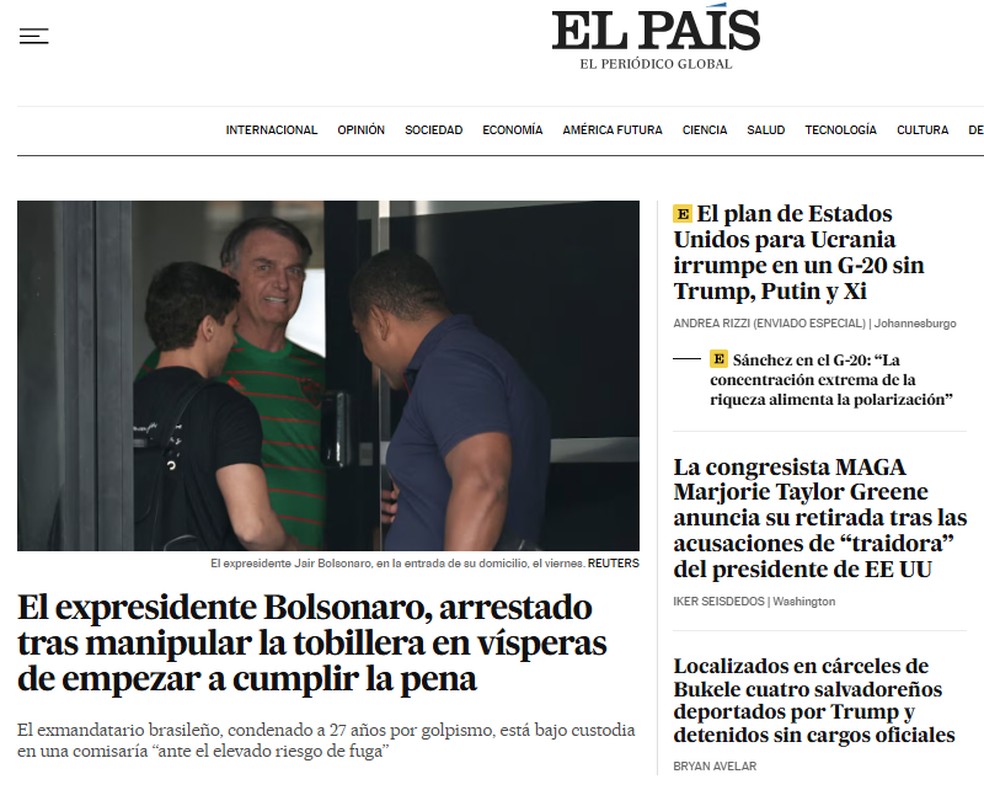 O jornal espanhol "El País" deu como manchete a notícias sobre a prisão do ex-presidente Jair Bolsonaro, em 22 de novembro de 2025. — Foto: Reprodução/ El País