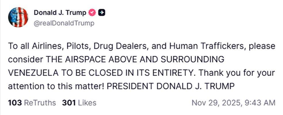 Presidente dos EUA diz para companhias aéreas evitarem espaço aéreo da Venezuela — Foto: Reprodução