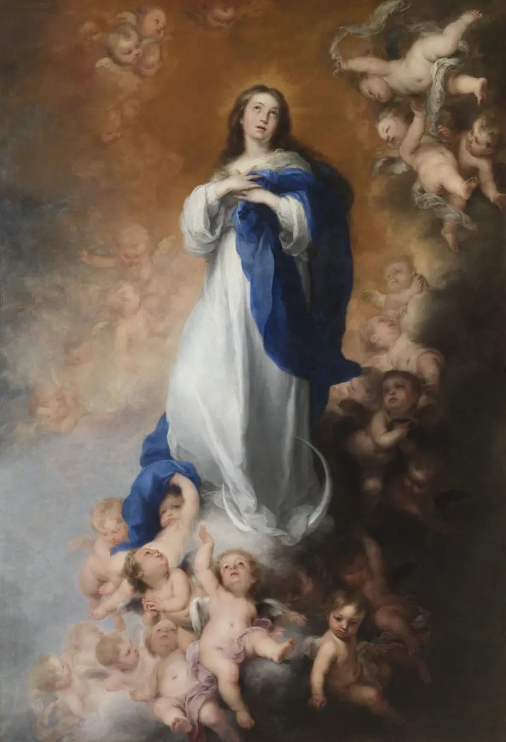 Obra da Imaculada Virgem Maria, no céu, feita por Barbolomé Esteban Murillo em 1678 — Foto: Domínio Público