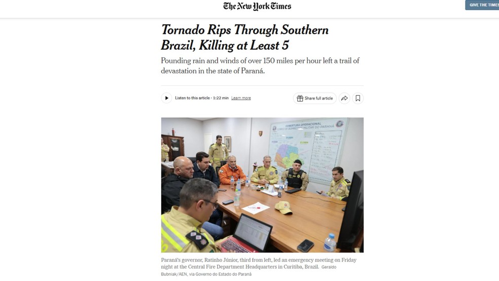 Reportagem do jornal 'The New York Times', dos Estados Unidos, sobre o tornado que atingiu o sul do Brasil em novembro de 2025. — Foto: Reprodução