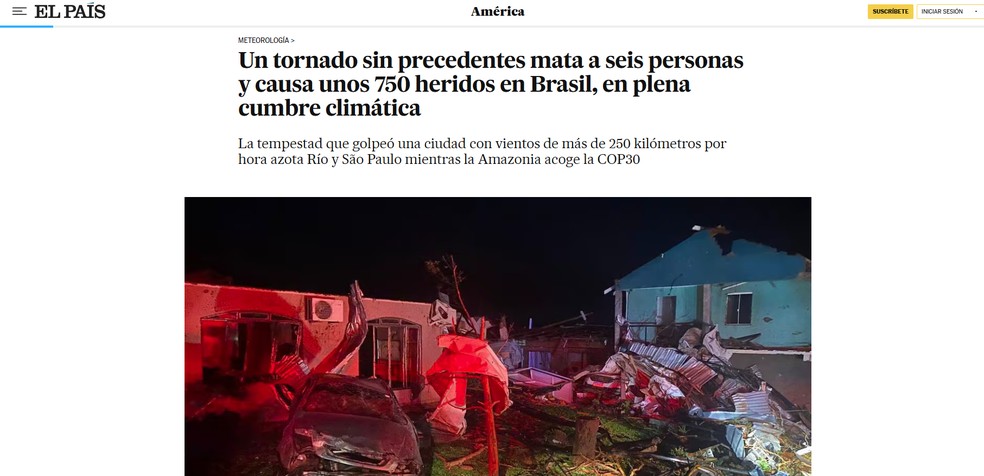 Reportagem do jornal 'El País', da Espanha, sobre o tornado que atingiu o sul do Brasil em novembro de 2025. — Foto: Reprodução