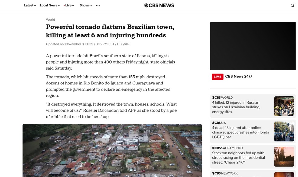 Reportagem do veículo 'CBS News', dos Estados Unidos, sobre o tornado que atingiu o sul do Brasil em novembro de 2025. — Foto: Reprodução