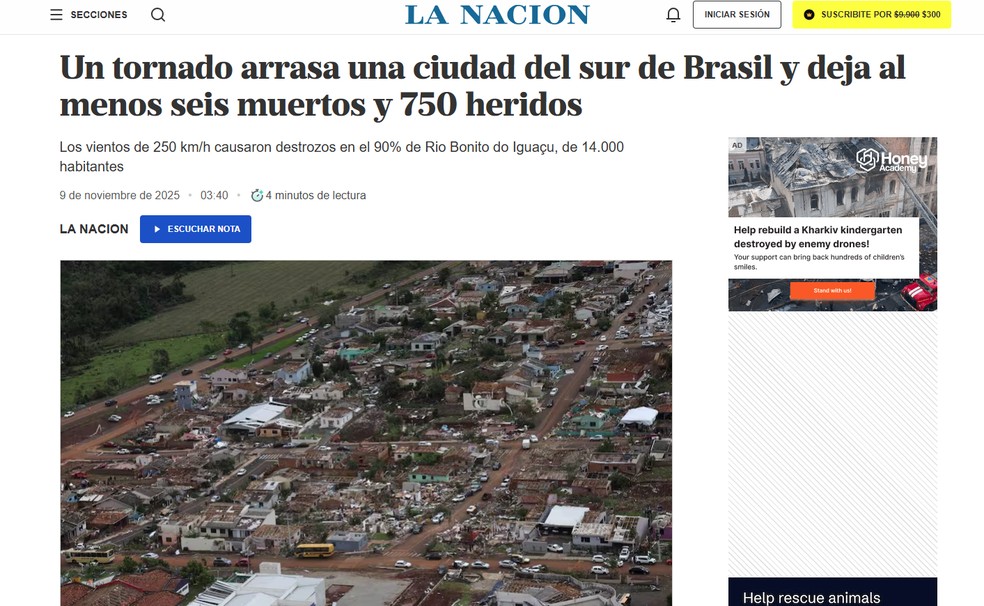 Reportagem do jornal 'La Nación', da Argentina, sobre o tornado que atingiu o sul do Brasil em novembro de 2025. — Foto: Reprodução