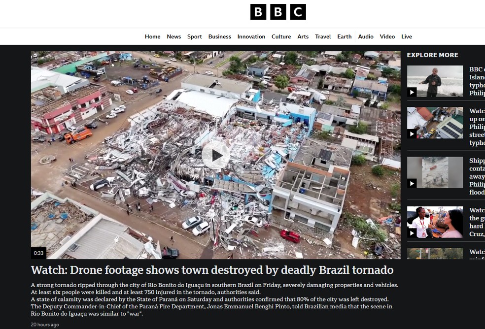 Publicação do jornal 'BBC', do Reino Unido, sobre o tornado que atingiu o sul do Brasil em novembro de 2025. — Foto: Reprodução