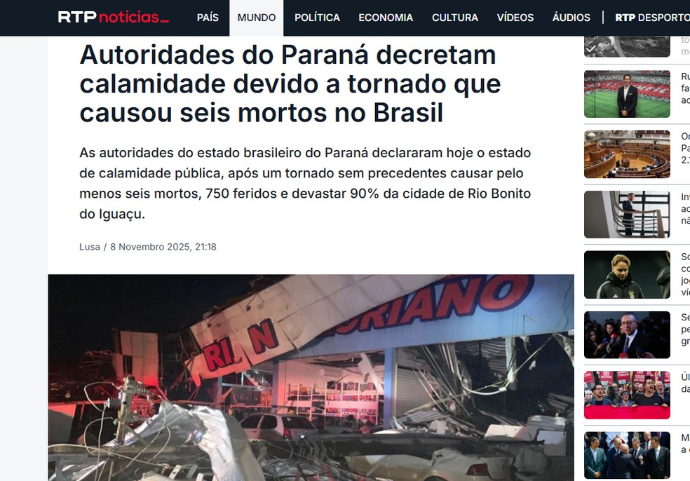 Reportagem do jornal 'RTP', de Portugal, sobre o tornado que atingiu o sul do Brasil em novembro de 2025. — Foto: Reprodução