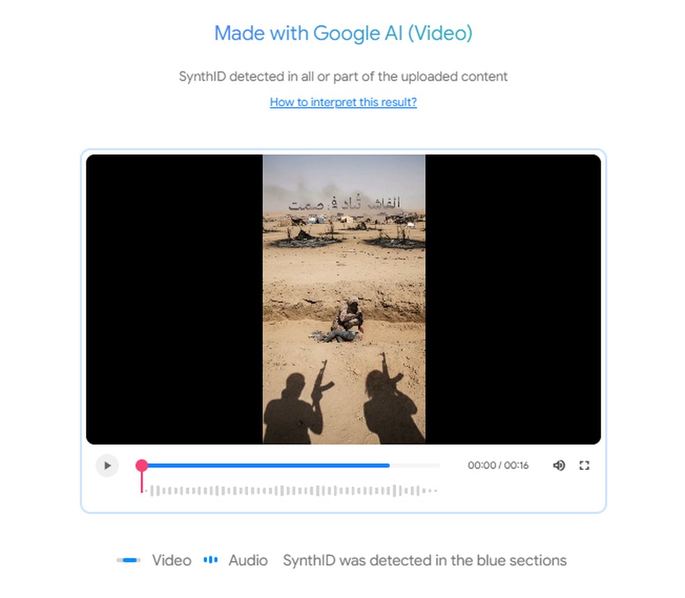 SynthID detectou nos trechos em azul a presença da marca d'água de IAs do Google. — Foto: SynthID