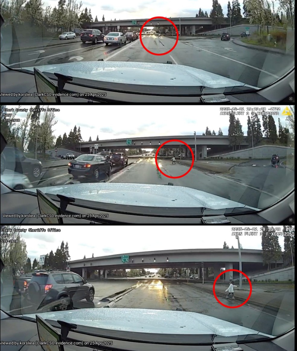 Sucessão de imagens mostra mulher atravessando rodovia perigosa — Foto: g1/Reprodução