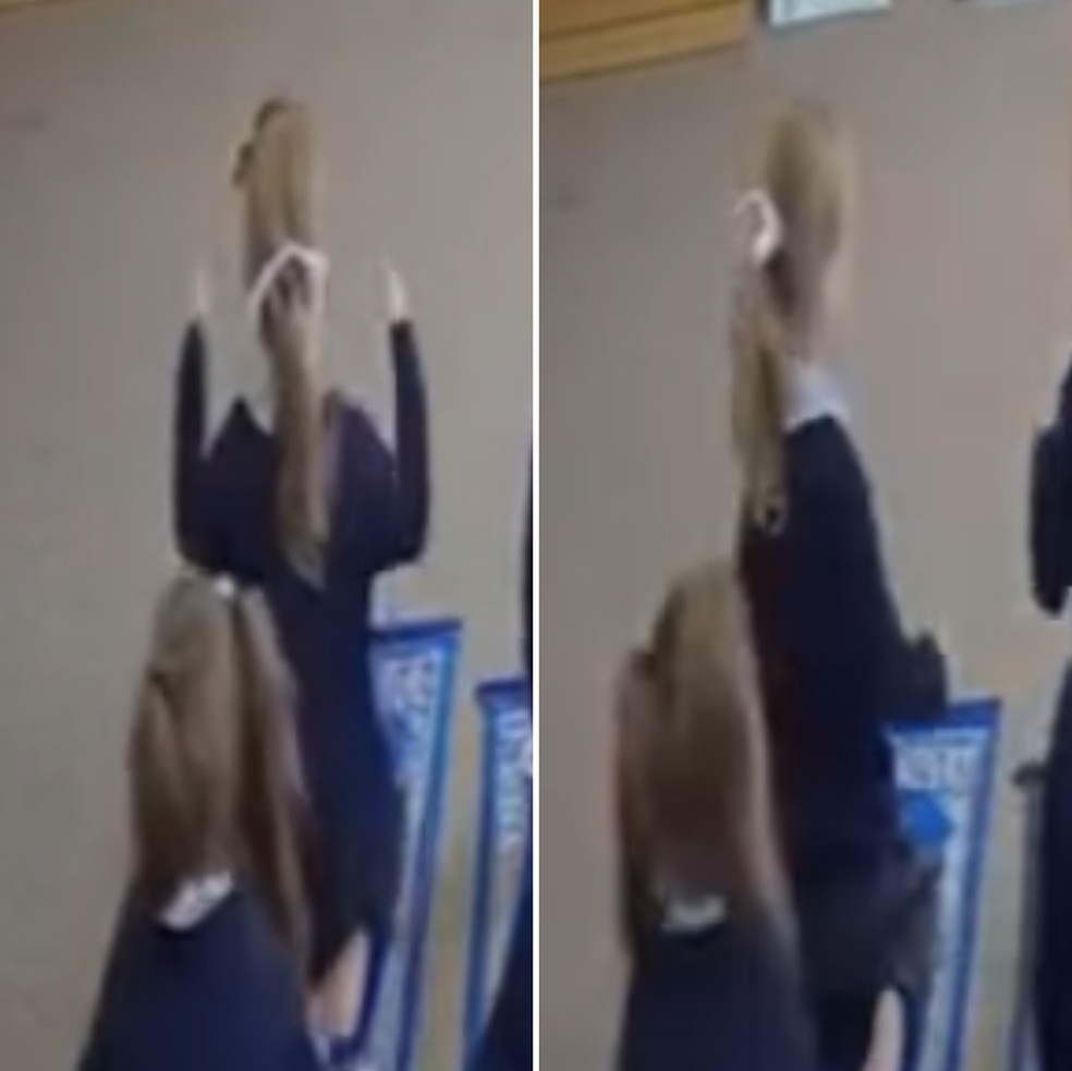 Elástico de cabelo de aluna muda de tamanho em vídeo gerado por IA. — Foto: Reprodução