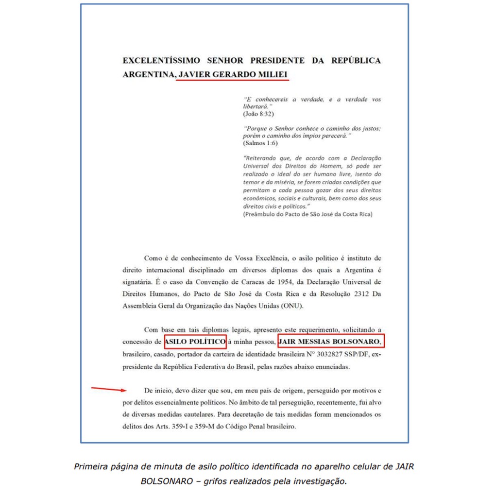 Página de documento em que Bolsonaro pede asilo na Argentina achado no telefone do ex-presidente — Foto: Reprodução