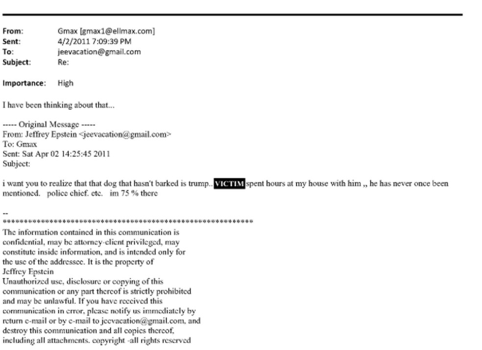 E-mail em que Jeffrey Epstein fala sobre suposto conhecimento de Trump sobre a conduta do empresário — Foto: Divulgação/ Partido Democrata